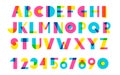 Alphabet, numbers illustration, brutalist geometric font style, riso, risograph print effect